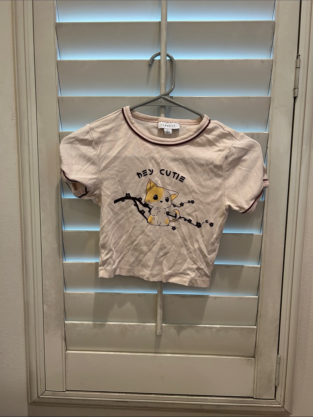 Topshop Cream Tee with Yellow Kitty Graphic and Maroon Trim